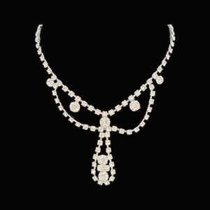Vintage Rhinestone Bow Cascade Drop Necklace Silver Sparkly
